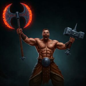 Stephan holding the Blood Moon axe and Moon War Hammer