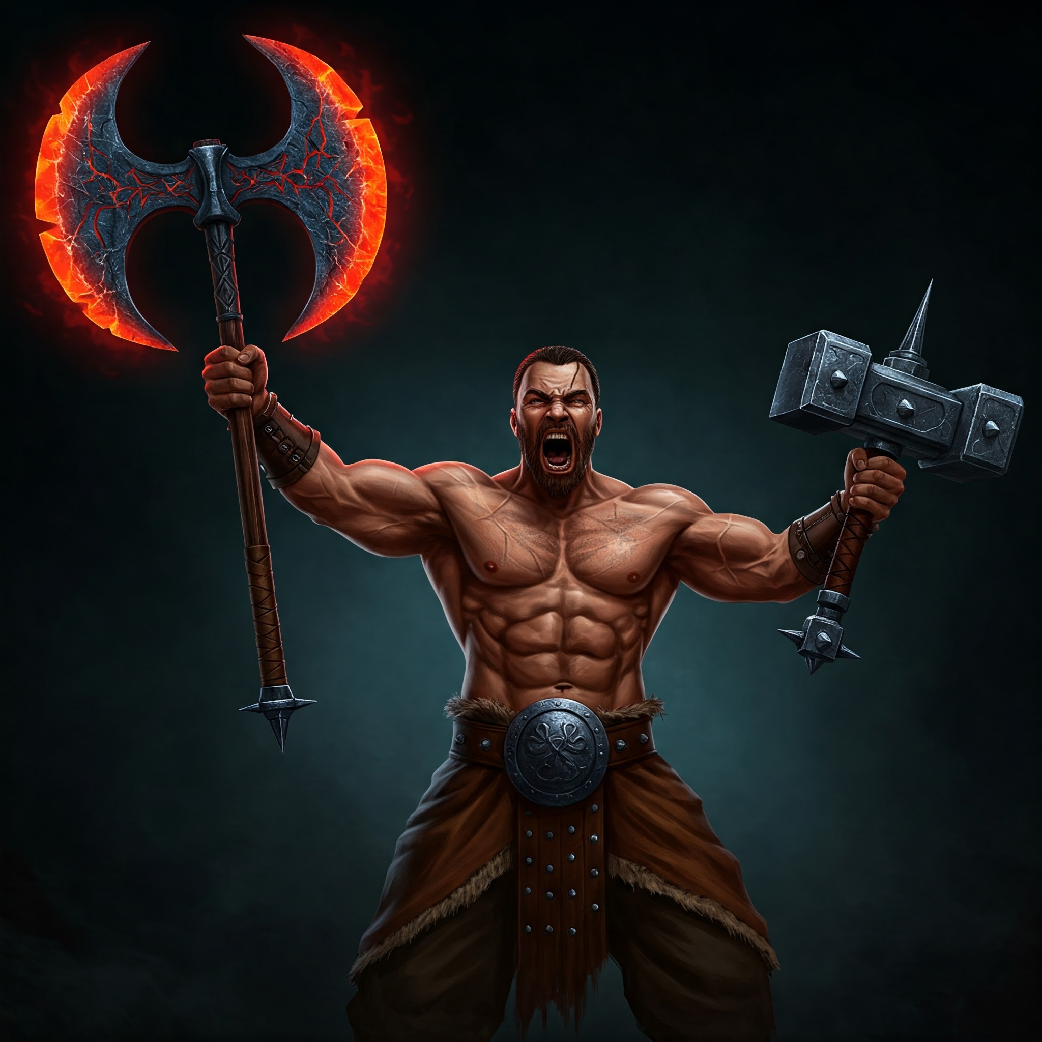 Stephan holding the Blood Moon axe and Moon War Hammer